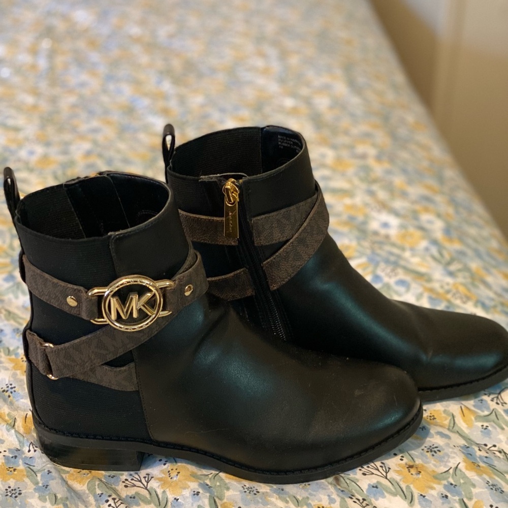 Michael Kors Black and Gold Buckle Ankle Boots